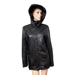 Nicholas K Genuine Hoodie Leather Jacket  XL Long Sleeves Zip/ Buttons Closure